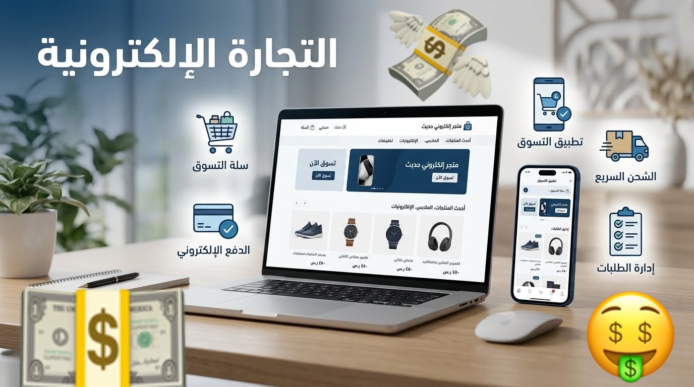 صورة تعبيرية عن التجارة الإلكترونية تظهر حاسوباً محمولاً يعرض متجراً إلكترونياً حديثاً وهاتفاً ذكياً بجانبه أيقونات الدفع والشحن وسلة التسوق.