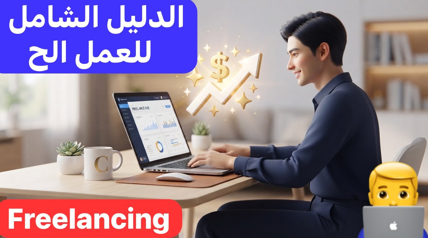 شاب يعمل على حاسوب محمول في مكتب بسيط كجزء من العمل الحر Freelancing